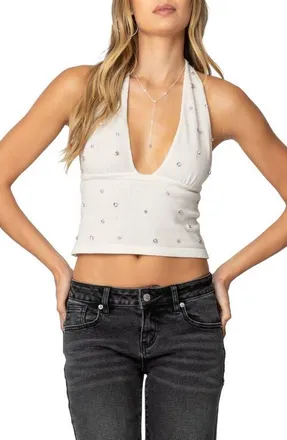 Edikted Embellished Crop Halter Top in Cream at Nordstrom, Size X-Small