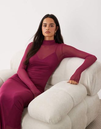 AFRM vestito midi con collo alto in rete, maniche lunghe e sottoveste, color prugna-Viola