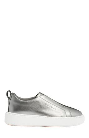 Santoni Womens silver laminated leather slip-on sneaker at Nordstrom, Size 9.5