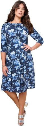 Roaman's Plus Size 3/4 Sleeve Boatneck Swing Dress in Navy Watercolor Bloom at Nordstrom, Size 32