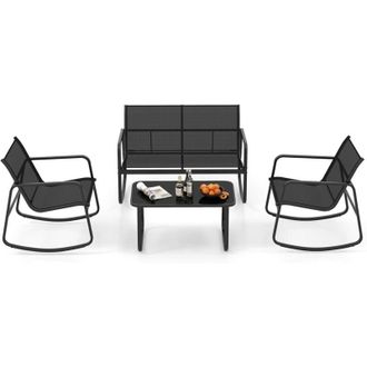 Costway Muebles Jardin Exterior 4 Piezas, 2 Mecedoras Y Sof&aacute; De 2 Plazas Con Mesa Con Tapa De Cristal, Mesa Y Sillas Terraza, Conjunto Jardin Exterior Balcon 