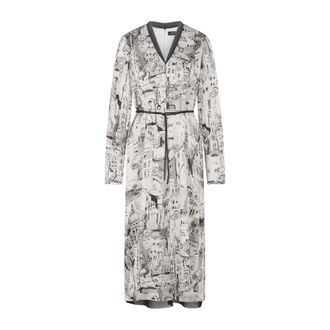 Marc Cain Kleedjes, Dames, Grijs, 2Xl, Leer, Bloemen Midi Jurk met Strikceintuur