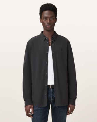 AllSaints Mens Cotton Lovell Long Sleeve Ramskull Shirt, Size: XXL