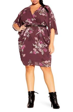 City Chic Lila Floral Print Faux Wrap Dress in Purple Floral at Nordstrom, Size Xl