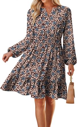 Grace Karin Women Long Sleeve V-Neck Midi Dress Floral Print Bobo Autumn Dress Brown Bottom Blue Flowers L
