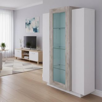 Dmora Vitrina Dfrutt, Aparador Con Tres Puertas, Mueble De Sal&oacute;n Multiusos, 100% Made In Italy, Cm 80x38h121, Blanco Brillo Y Cemento - Dmora