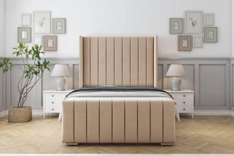 Sloomy Melbourne Plush Frame-Mattress-50 Upholstered Wingback Headboard in Stone | Size: Small Double
