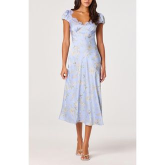 ASTR the Label Makaela Floral Satin Midi Dress in Blue Floral at Nordstrom, Size Large