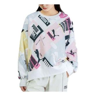 Puma (WMNS) PUMA Full Print Logo Colorblock Loose Round Neck Pullover Hoodie White 535348-52