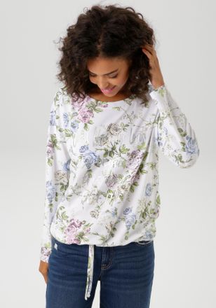 Aniston Langarmshirt mit silberfarbenen Schriftzug verzierter Rosendruck