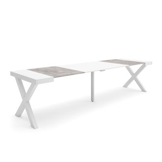Skraut Home Skraut Home - Mesa Consola Extensible, Mesa Comedor Plegable, 300, Para 14 Comensales, Patas Madera Maciza, Estilo Moderno, Blanco Y Gris Cemento