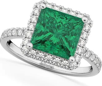 Allurez Princess Cut Halo Emerald & Diamond Engagement Ring 14K in 3.57Ct/white Gold at Nordstrom, Size 6.5