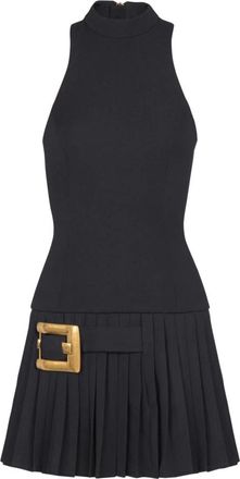 Balmain Uitlopende grain de poudre jurk met ceintuurdetail - Dames - Korte kleedjes - Zwart - XS - Katoen - Kleedjes