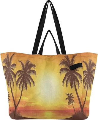Generic Sunset Orange Palm Tree print Reusable Canvas Tote Bag, Heavy Duty Grocery Shopping Bag with Hard Bottom Double Handles Large Capacity Work Groceries 