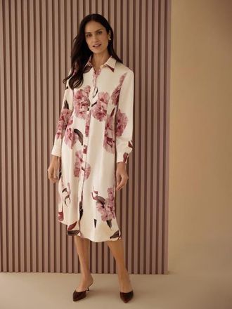 Misook Floral Crepe de Chine Midi Shirtdress in Honeysuckle/russet/charmeuse at Nordstrom, Size Xx-Large
