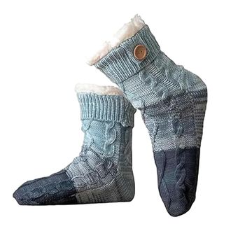 Generic Knitted Ultra-Thick Slipper Home Socks, Cashmere Knitted Thick Fleece Lined Grippers Fuzzy Socks (Blue)