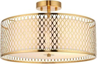 Endon Lighting Cordero Decorative Flush Ceiling Lamp, Gold Effect Plate, White Fabric, Frosted Glass