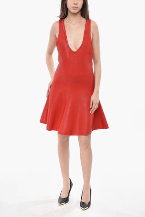 Alaia Flared Ribbed Dress With V-Neck Alaia