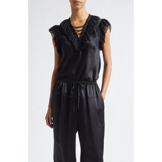 Ulla Johnson Ilyana Silk Sheer Ruffle Trim Top in Noir at Nordstrom, Size 12