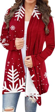 Generic Red Womens Christmas Cardigans UK Plus Size Open Front Xmas Patterned Festival Tops Ladies Long Sleeve Shawl Cape Tops Snowflake Reindeer Santa Claus 