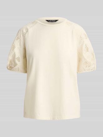 Lauren Ralph Lauren Relaxed Fit T-Shirt aus reiner Baumwolle mit &Auml;rmeln aus Lochspitze in Sand, Gr&ouml;&szlig;e XXL