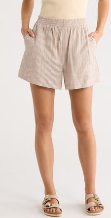 Varley Darina Stripe Stretch Cotton Seersucker Shorts in Birch Taupe Stripe at Nordstrom, Size X-Large