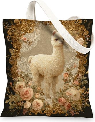 Generic Floral Canvas Tote Bag, Vintage Reusable Shopping Bags, Lightweight Cream Shoulder Strap Purse 13x15 Inch