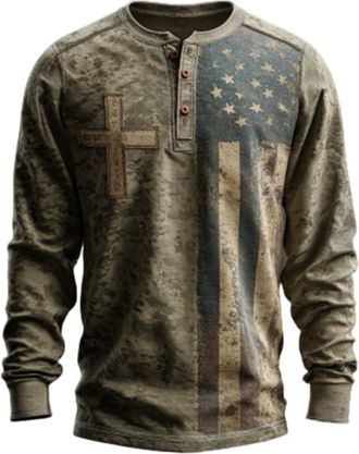 Generic Christian Polo Shirts for Men Long Sleeve 1/4 Button Neck Religious Faith Cross Flag Graphic Sweatshirts Vintage Pullover, Grey, M