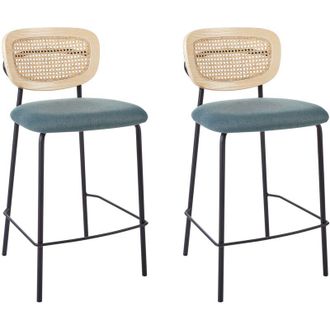 Beliani Set di 2 sedie da bar moderne Sgabelli con schienale in rattan a treccia viennese Seduta in poliestere senza braccioli Blu Gambe nere Mayetta