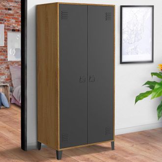 IDMarket Idmarket - Ester Armario Guardarropa De Dise&ntilde;o Industrial De 2 Puertas De Metal Negro Y Contorno De Madera
