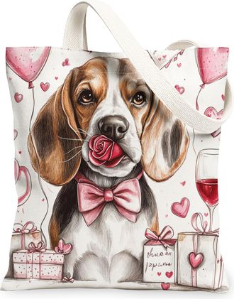 Generic Valentines Day Beagle Dog Canvas Tote Bag for Shopping 13x15, Fun Vintage Puppy Reusable Grocery Print Pattern Bag for Women, Lover Beach Aesthetic Pa