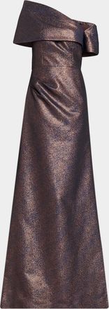 Teri Jon Off-Shoulder Metallic Jacquard Gown