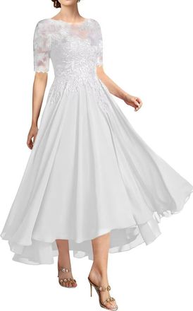 Generic Ivory Mother of The Bride Dresses Tea Length Lace Applique Chiffon Formal Evening Gown with Short Sleeves Wedding Guest Dress for Women 14