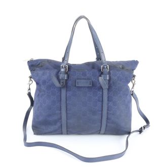 Gucci Navy Nylon Leather Handbag Tote Bag (Pre-Owned)