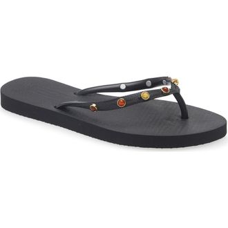 Arezzo Stone Embellished Flip Flop in Black at Nordstrom, Size X-Large