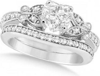 Allurez Heart Diamond Butterfly Design Bridal Ring Set 14k White Gold (0.96ct)