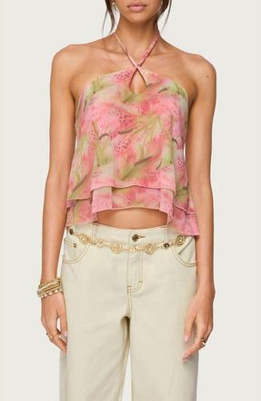 Edikted Dragon Lily Tiered Chiffon Halter Top in Mix at Nordstrom, Size X-Small