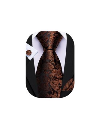 Barry.Wang Mens Paisley Tie Brown Silk Necktie Pocket Square Cufflinks Set Wedding Christmas