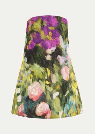 Oscar De La Renta Strapless Abstract Landscape Print Faille Mini Dress