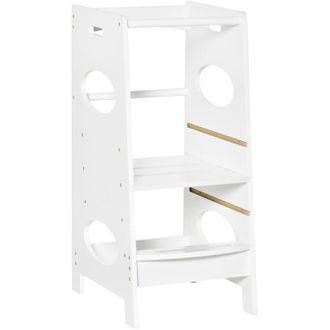 HOMCOM Homcom - torre de aprendizaje de madera para niños taburete de cocina con pedal altura ajustable en 3 posiciones y barra de seguridad 40x50x90cm