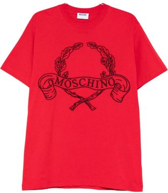 Moschino Graphic Red Silk-Nylon T-Shirt with Wreath Design