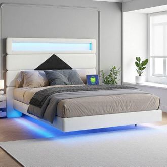 OEM Cama Suspendida 140x190 - Terciopelo Beige - Cabecera Usb Y Led - Dise&ntilde;o Minimalista