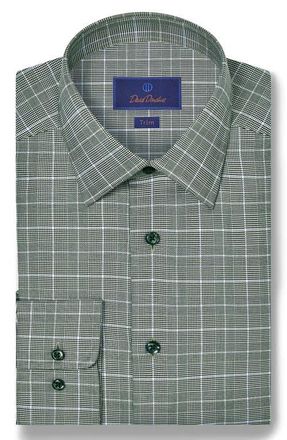 David Donahue Trim Fit Twill Glen Check Cotton Dress Shirt in Hunter at Nordstrom, Size 18.5 - 34