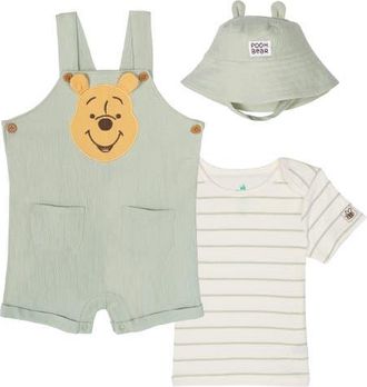 Disney Winnie the Pooh Shortall and T-Shirt Set with Hat in Pooh Light Green at Nordstrom, Size Newborn