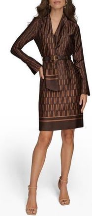 DKNY Geo Print Long Sleeve Satin Dress in Choclate Plum at Nordstrom Rack, Size 16