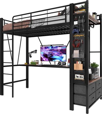 STILVORA Cama Alta Individual Con Escritorio, Barra, 4 Cajones, Usb, Type-c Y Led, 90 X 200 Cm, Sin Colchon