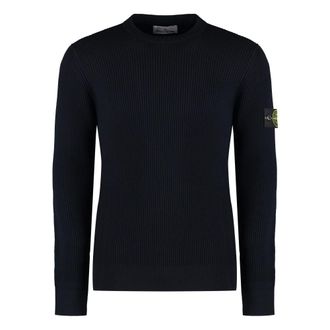 Stone Island Round-neck Knitwear, male, Blue, XL, Ribbed crew-neck wool Jumper