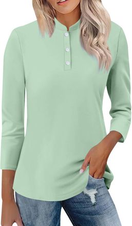 Generic Womens Tops Dressy 3/4 Sleeve Button Up Stand Collar T Shirts Business Casual Office Work Plain Blouses for Ladies(Pale Green, L) Chemise Western Femm