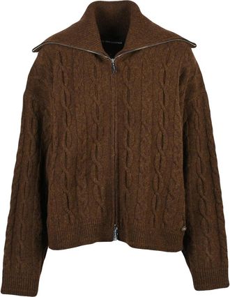 Karl Lagerfeld Brown Cable Knit High Neck Wool-Blend Zip Cardigan