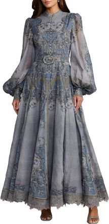 Mac Duggal Petite Baroque Print Bishop Sleeve A-Line Ankle Dress in Slate Blue at Nordstrom, Size 10